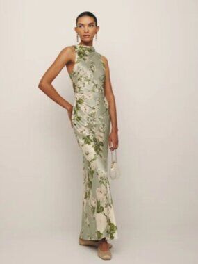 NWOT Reformation Anaiis Silk Dress in Tarragon Green White Floral Maxi Size 4